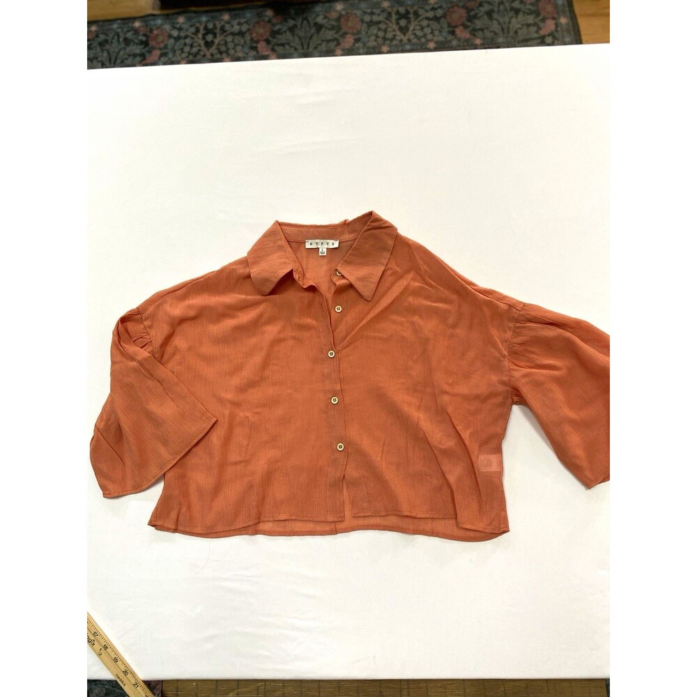 HYFVE Terracotta Orange Cropped Wide Sleeve Button Down Blouse L NWOT